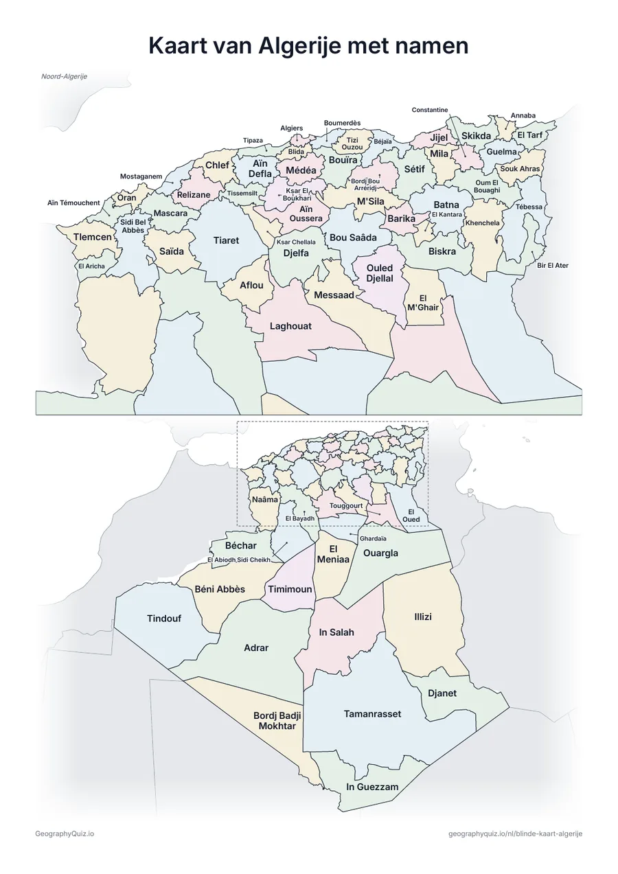 Voorbeeld van het werkblad “Kaart van Algerije met namen”: Kaart van Algerije met alle namen: een voorbeeldkaart voor de les en om de antwoorden na te kijken