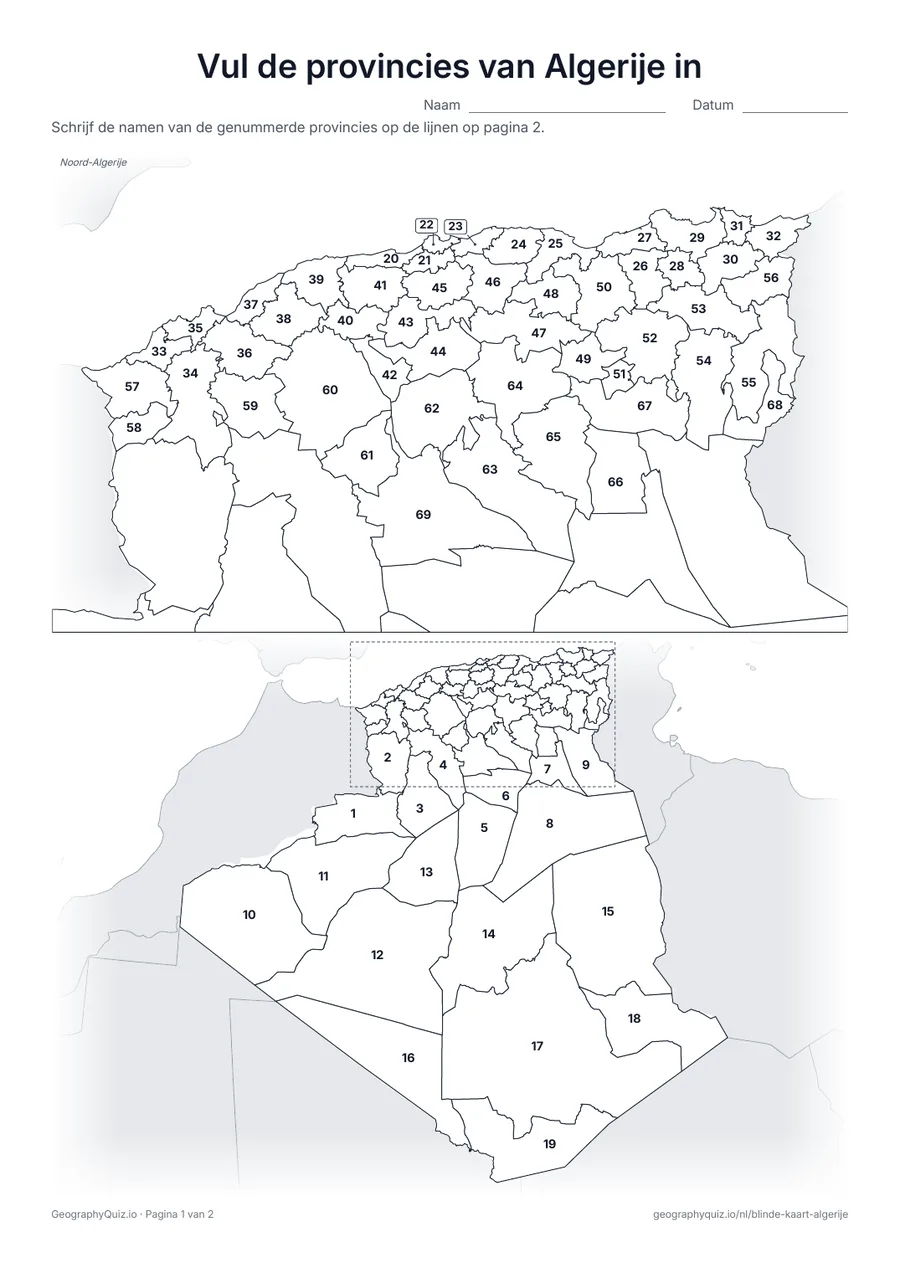 Voorbeeld van het werkblad “Vul de provincies van Algerije in”: Kaart met de nummers van de 69 provincies