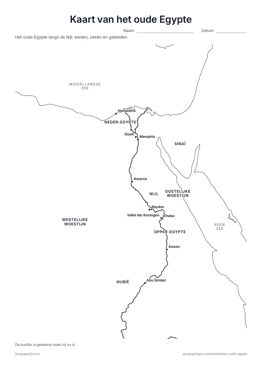 Voorbeeld van het werkblad “Kaart van het oude Egypte”: Alexandrië, Gizeh, Memphis, Thebe, de Vallei der Koningen, Abu Simbel en andere plaatsen, met de zeeën, de Nijl en Opper- en Neder-Egypte