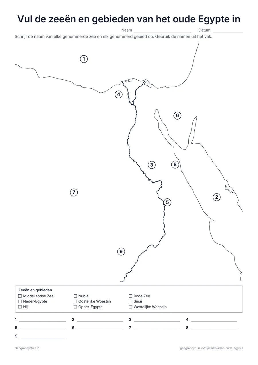 Voorbeeld van het werkblad “Vul de zeeën en gebieden van het oude Egypte in”: In te vullen: de Middellandse Zee en de Rode Zee, de Nijl, Opper- en Neder-Egypte, de Sinaï, de Westelijke en Oostelijke Woestijn en Nubië