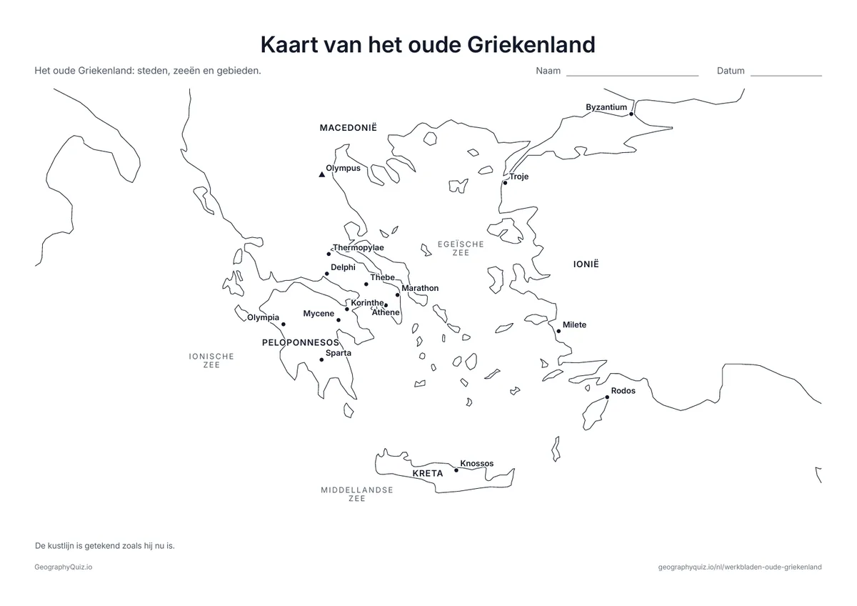 Voorbeeld van het werkblad “Kaart van het oude Griekenland”: Athene, Sparta, Marathon, Delphi, Olympia, Knossos, Troje en andere plaatsen, met de Olympus, de zeeën en de gebieden