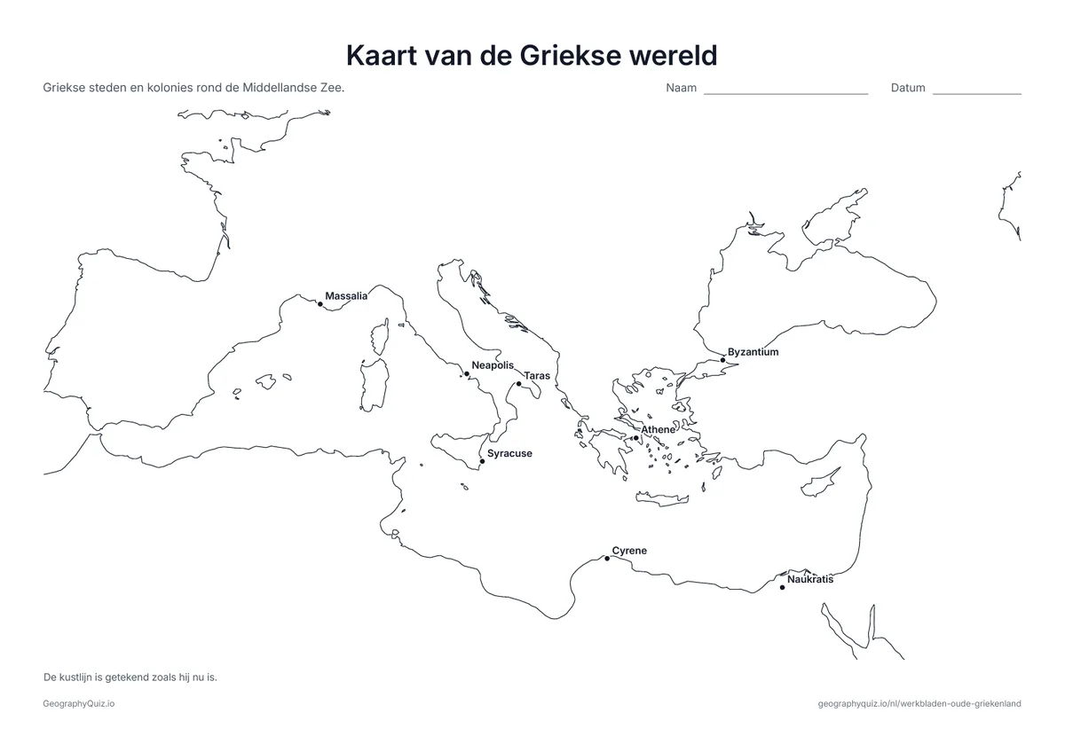 Voorbeeld van het werkblad “Kaart van de Griekse wereld”: Griekse steden en kolonies rond de Middellandse Zee, van Massalia in het westen tot Byzantium in het oosten