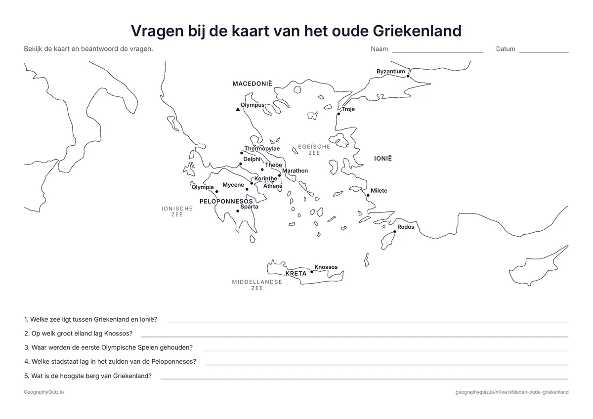Voorbeeld van het werkblad “Vragen bij de kaart van het oude Griekenland”: Kaart met namen en vijf vragen over de Olympische Spelen, Sparta, Knossos, de Olympus en de Egeïsche Zee