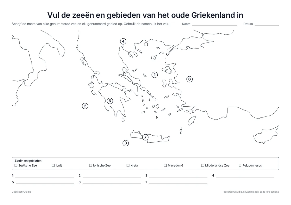 Voorbeeld van het werkblad “Vul de zeeën en gebieden van het oude Griekenland in”: In te vullen: de Egeïsche, de Ionische en de Middellandse Zee, Macedonië, de Peloponnesos, Ionië en Kreta