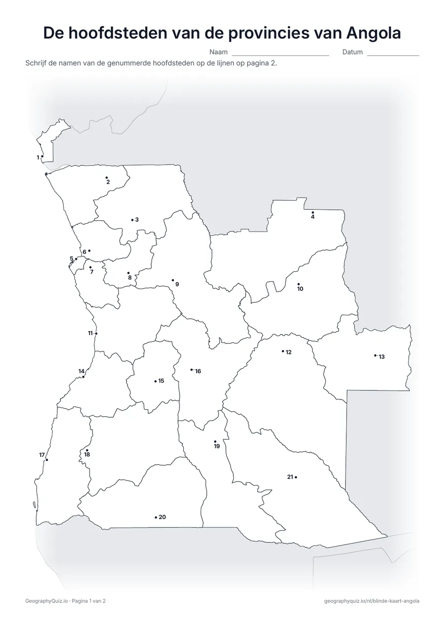 Voorbeeld van het werkblad “De hoofdsteden van de provincies van Angola”: Elke hoofdstad is een genummerde stip