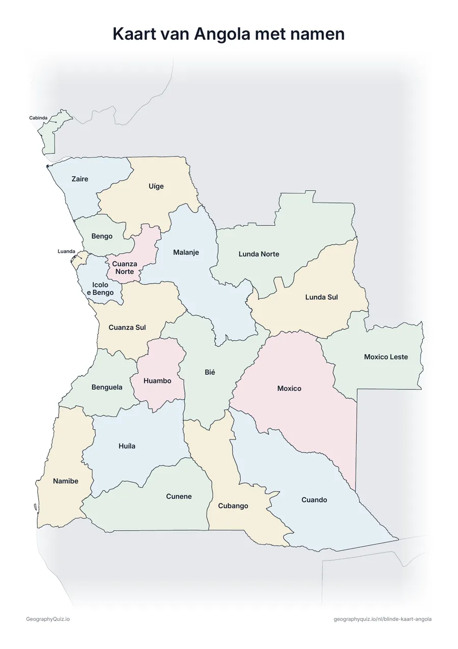 Voorbeeld van het werkblad “Kaart van Angola met namen”: Kaart van Angola met alle namen: een voorbeeldkaart voor de les en om de antwoorden na te kijken