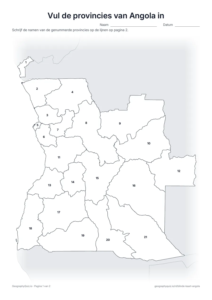 Voorbeeld van het werkblad “Vul de provincies van Angola in”: Kaart met de nummers van de 21 provincies