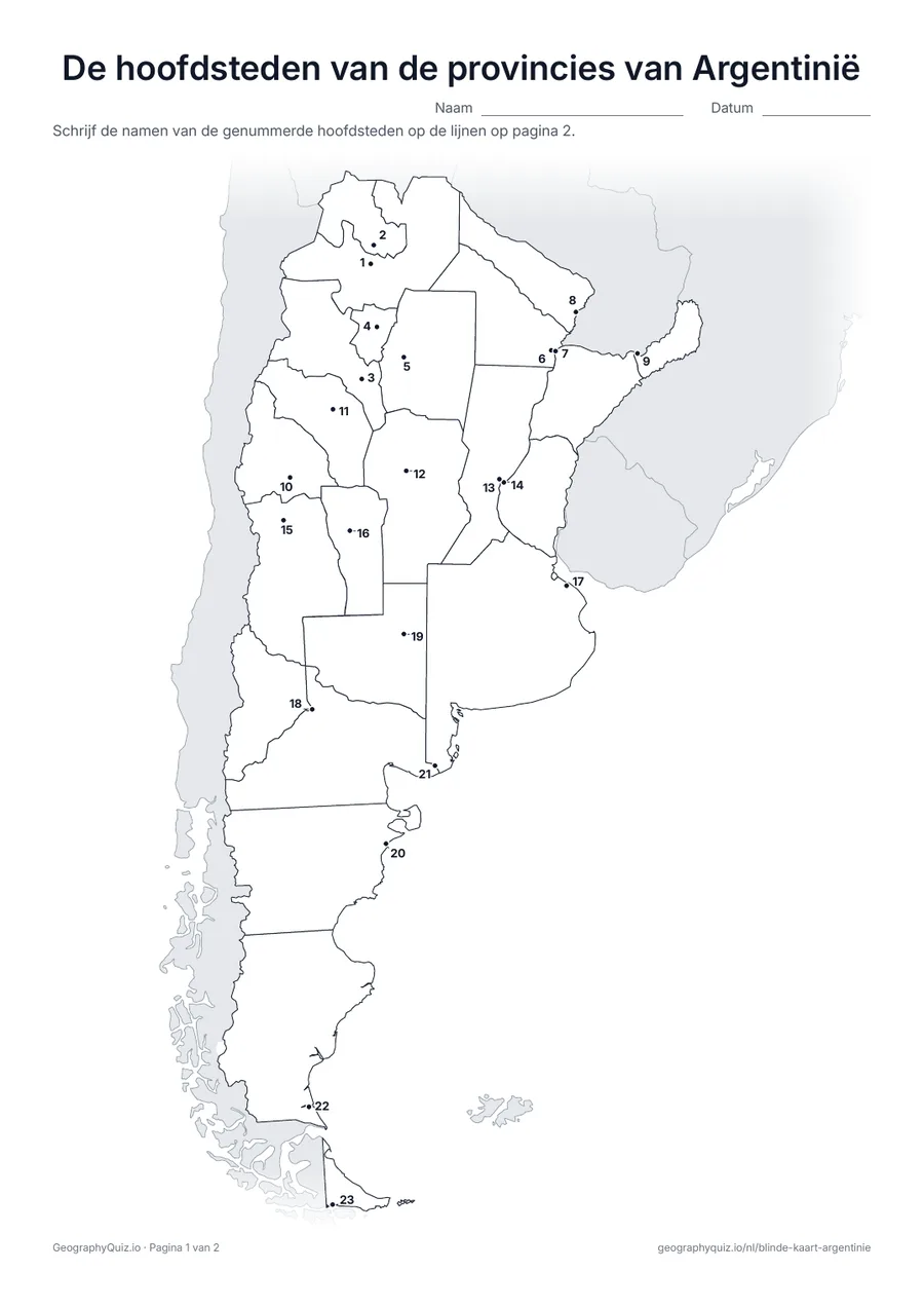 Voorbeeld van het werkblad “De hoofdsteden van de provincies van Argentinië”: De hoofdstad van elk van de 23 provincies is een genummerde stip