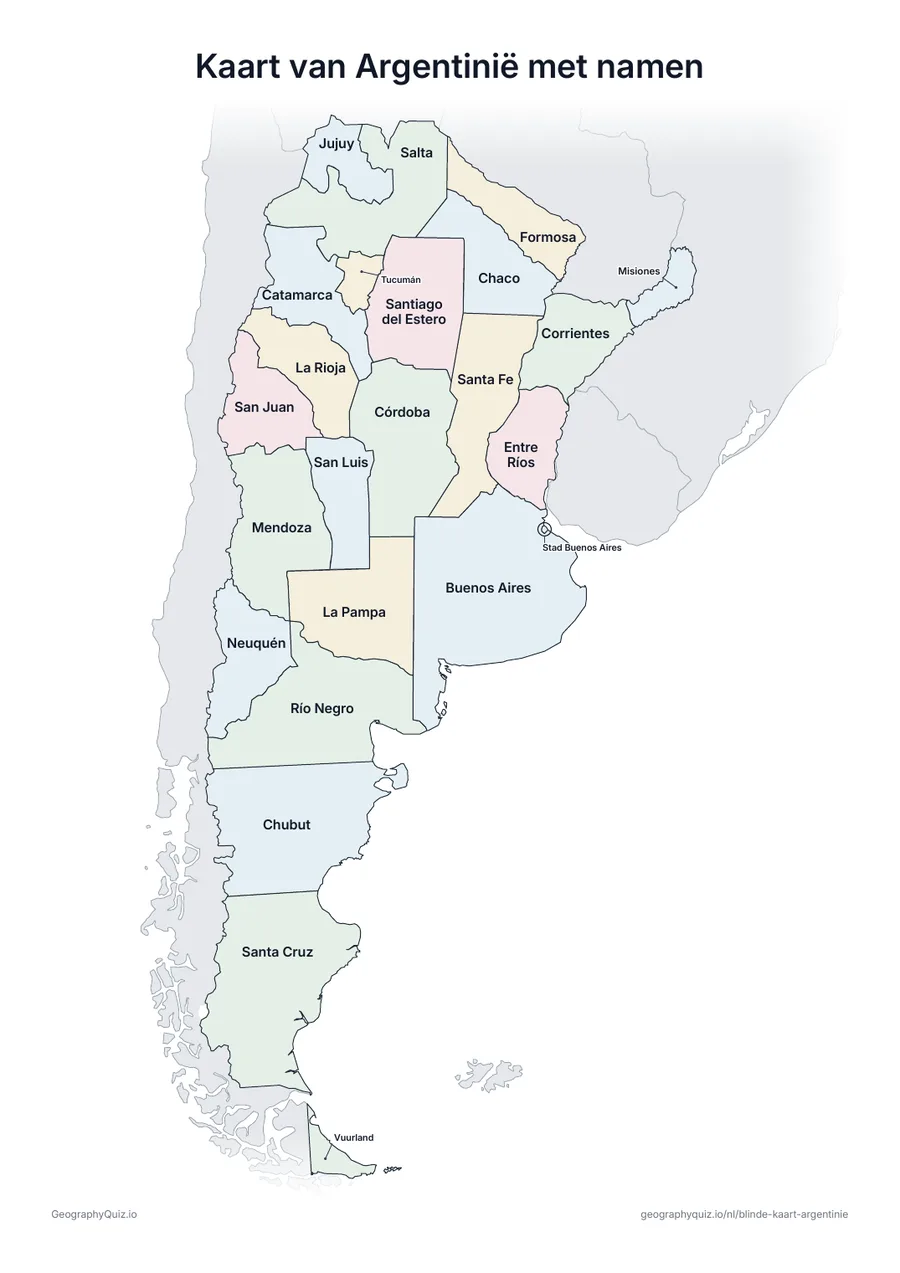 Voorbeeld van het werkblad “Kaart van Argentinië met namen”: Kaart van Argentinië met alle namen: een voorbeeldkaart voor de les en om de antwoorden na te kijken