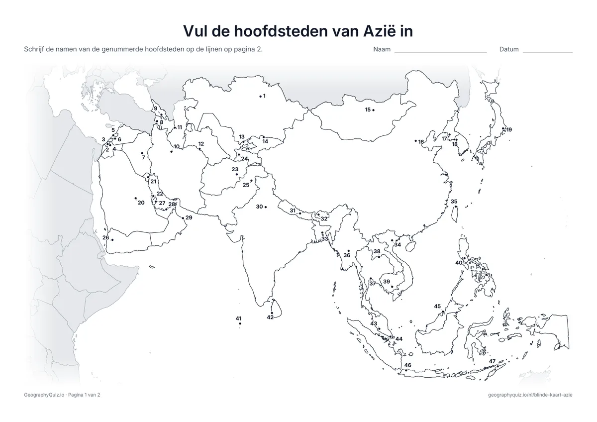 Voorbeeld van het werkblad “Vul de hoofdsteden van Azië in”: Elke hoofdstad is een genummerde stip