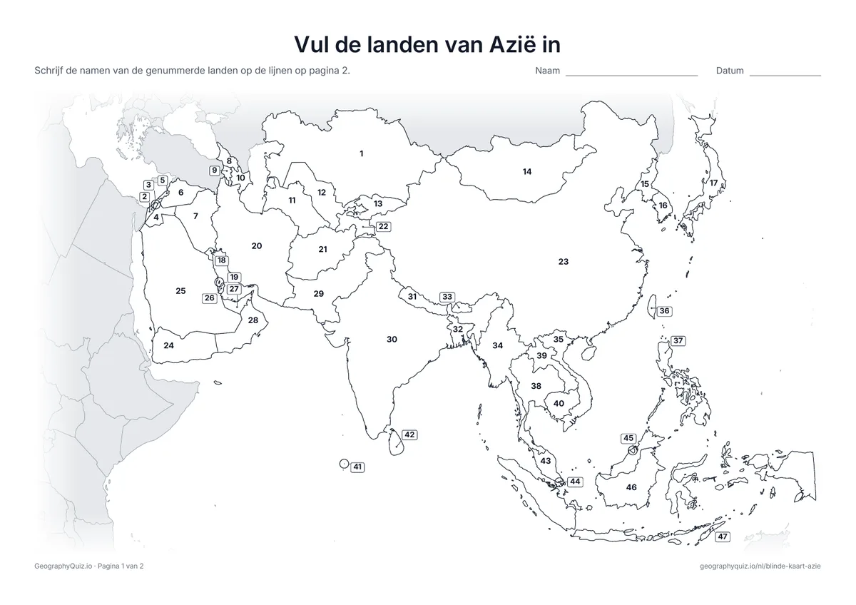 Voorbeeld van het werkblad “Vul de landen van Azië in”: Elk land heeft een nummer