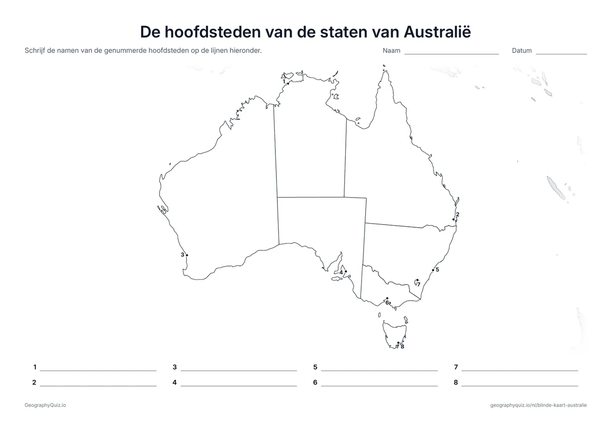 Voorbeeld van het werkblad “De hoofdsteden van de staten van Australië”: Elke hoofdstad is een genummerde stip