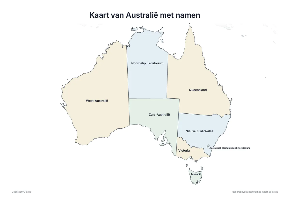 Voorbeeld van het werkblad “Kaart van Australië met namen”: Kaart van Australië met alle namen: een voorbeeldkaart voor de les en om de antwoorden na te kijken