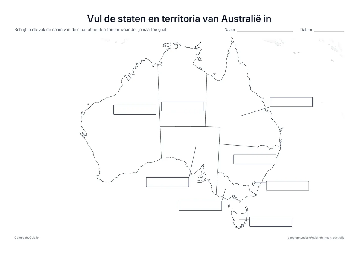 Voorbeeld van het werkblad “Vul de staten en territoria van Australië in”: Vanaf elke staat of elk territorium loopt een lijn naar een leeg vak voor het antwoord, net als op het werkblad “Vul de werelddelen in” bij de wereldkaart