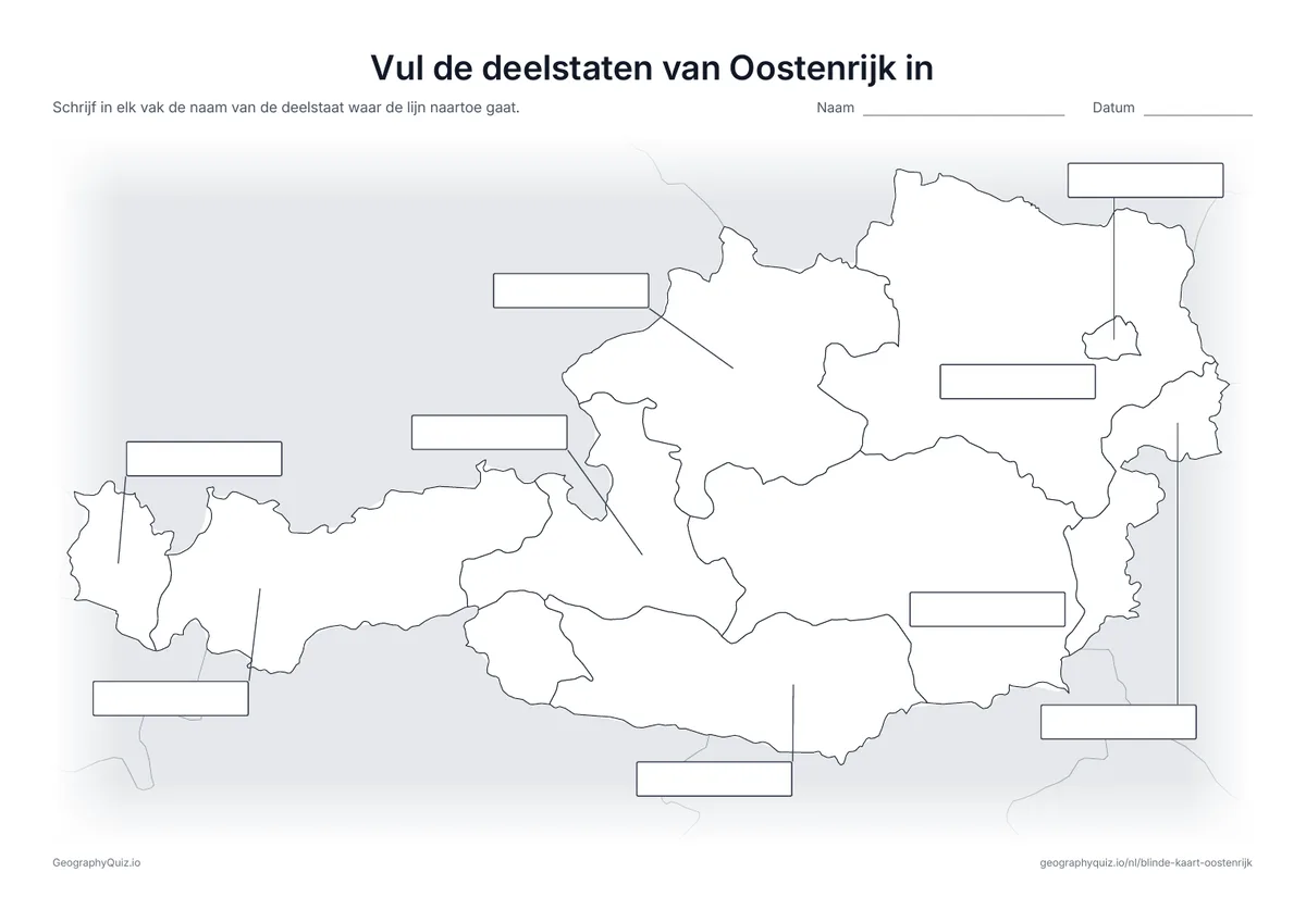 Voorbeeld van het werkblad “Vul de deelstaten van Oostenrijk in”: Vanaf elke deelstaat loopt een lijn naar een leeg vak voor het antwoord, net als op het werkblad “Vul de werelddelen in” bij de wereldkaart
