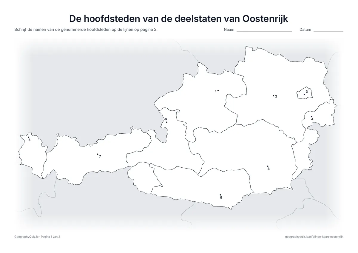 Voorbeeld van het werkblad “De hoofdsteden van de deelstaten van Oostenrijk”: De hoofdstad van elke deelstaat is een genummerde stip