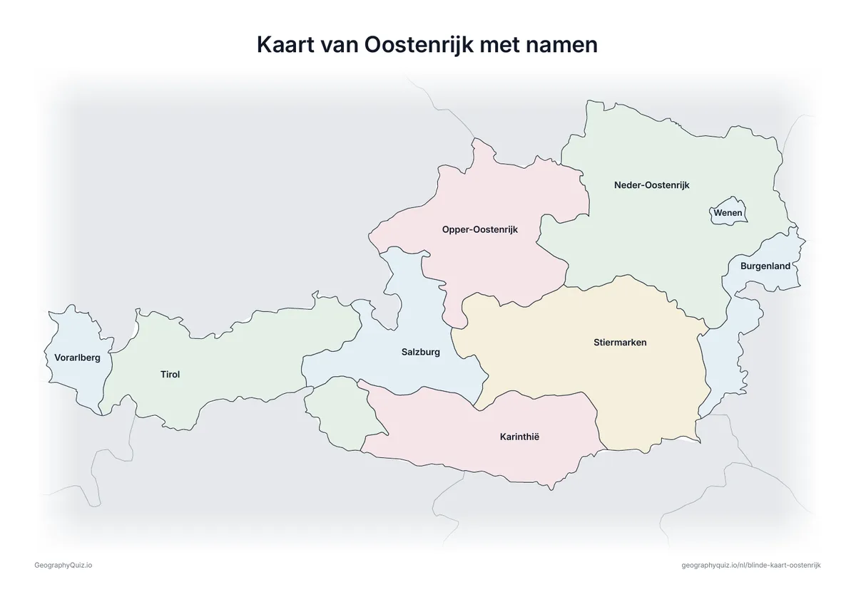 Voorbeeld van het werkblad “Kaart van Oostenrijk met namen”: Kaart van Oostenrijk met alle namen: een voorbeeldkaart voor de les en om de antwoorden na te kijken