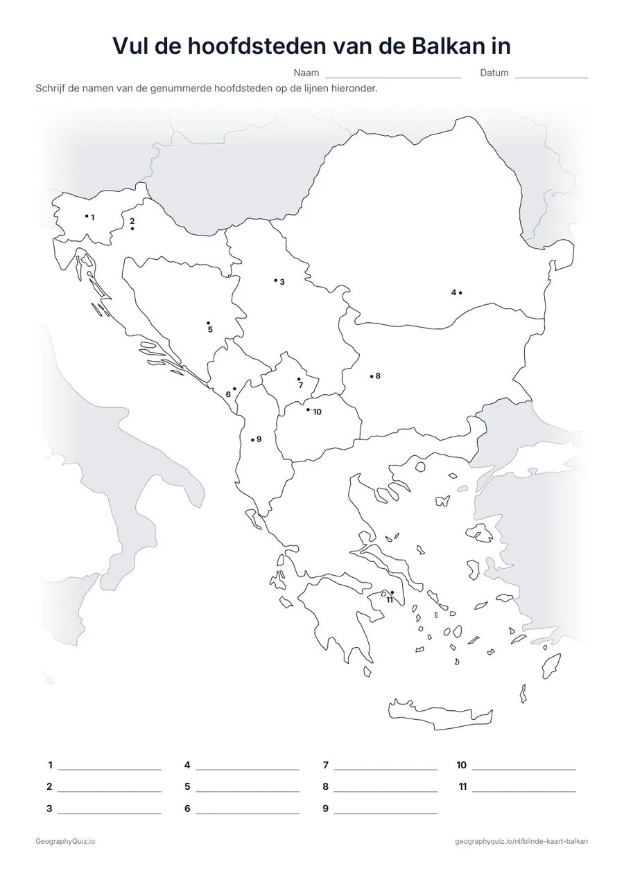 Voorbeeld van het werkblad “Vul de hoofdsteden van de Balkan in”: Elke hoofdstad is een genummerde stip