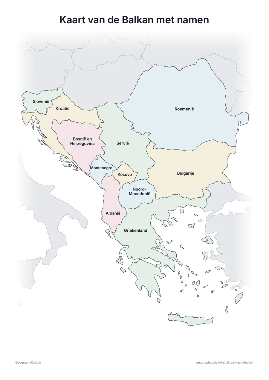 Voorbeeld van het werkblad “Kaart van de Balkan met namen”: Dezelfde kaart met de namen van alle 11 landen: om te leren, te herhalen of de werkbladen van je leerlingen na te kijken