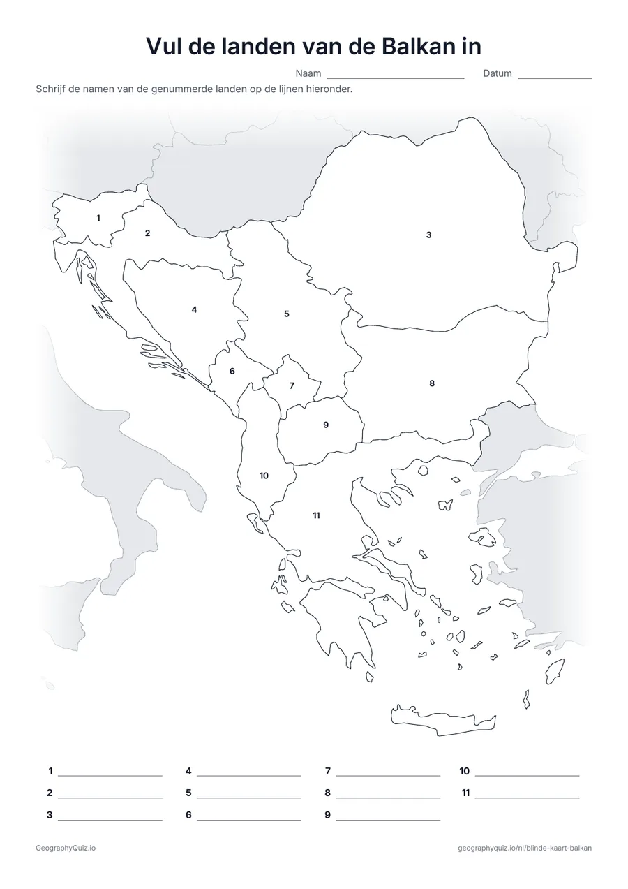Voorbeeld van het werkblad “Vul de landen van de Balkan in”: Kaart met de nummers van alle 11 landen