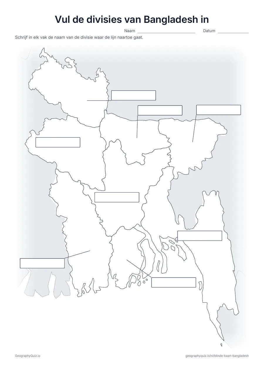 Voorbeeld van het werkblad “Vul de divisies van Bangladesh in”: Vanaf elke divisie loopt een lijn naar een leeg vak voor het antwoord, net als op het werkblad “Vul de werelddelen in” bij de wereldkaart