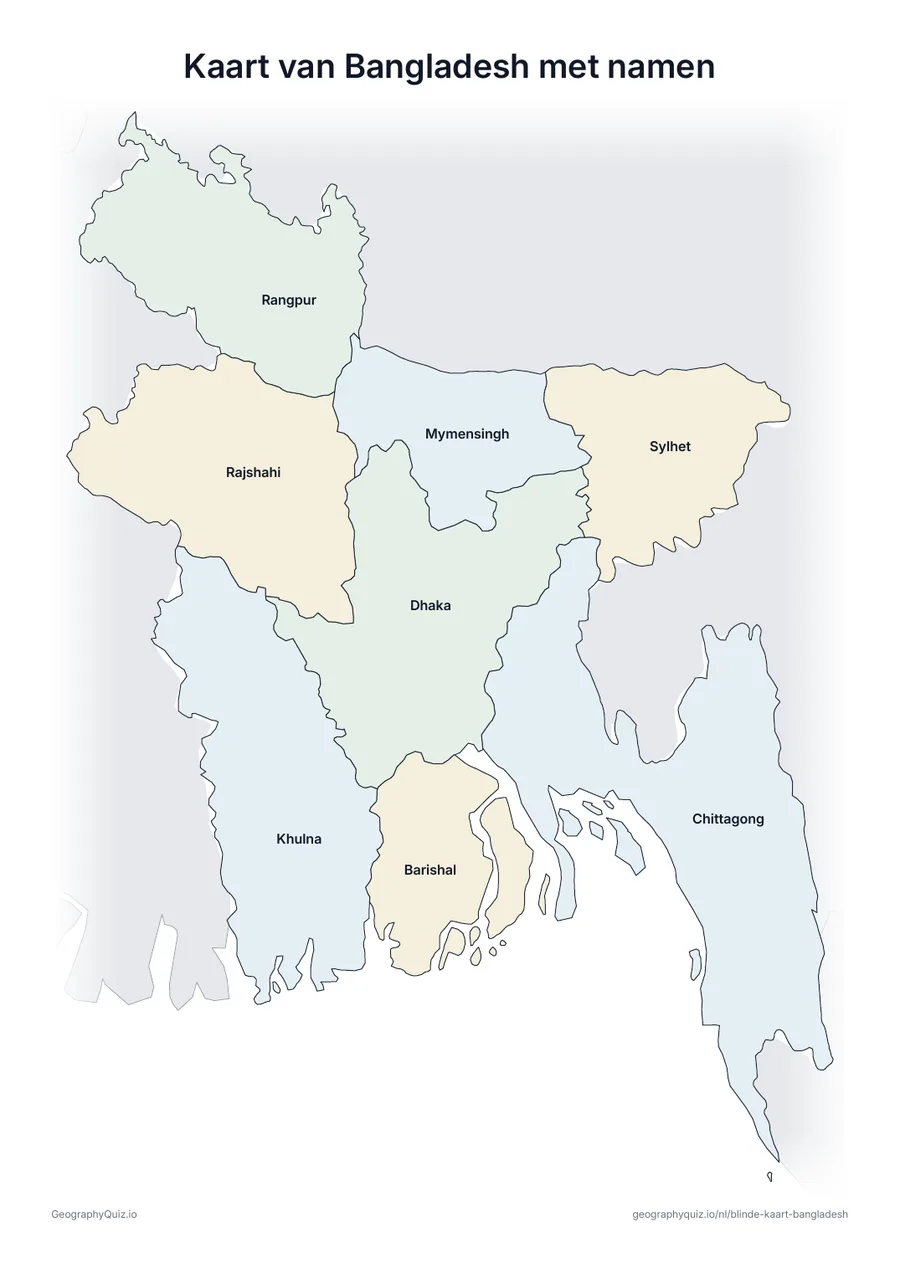 Voorbeeld van het werkblad “Kaart van Bangladesh met namen”: Kaart van Bangladesh met alle namen: een voorbeeldkaart voor de les en om de antwoorden na te kijken
