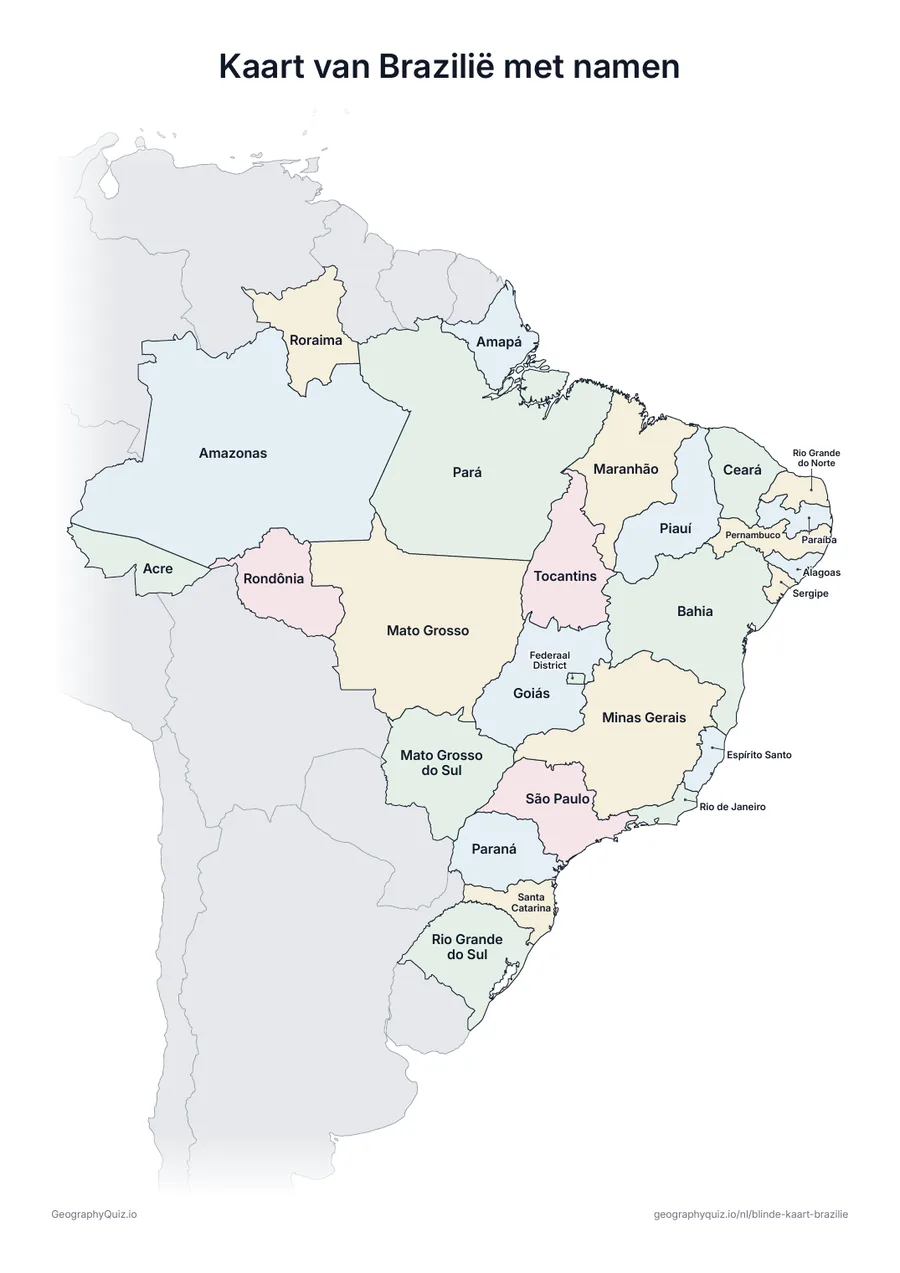Voorbeeld van het werkblad “Kaart van Brazilië met namen”: Kaart van Brazilië met alle namen: een voorbeeldkaart voor de les en om de antwoorden na te kijken