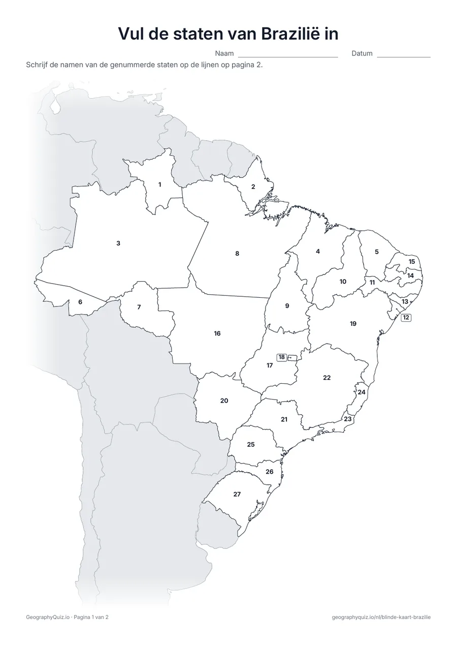 Voorbeeld van het werkblad “Vul de staten van Brazilië in”: Kaart met de nummers van de 26 staten en het Federaal District
