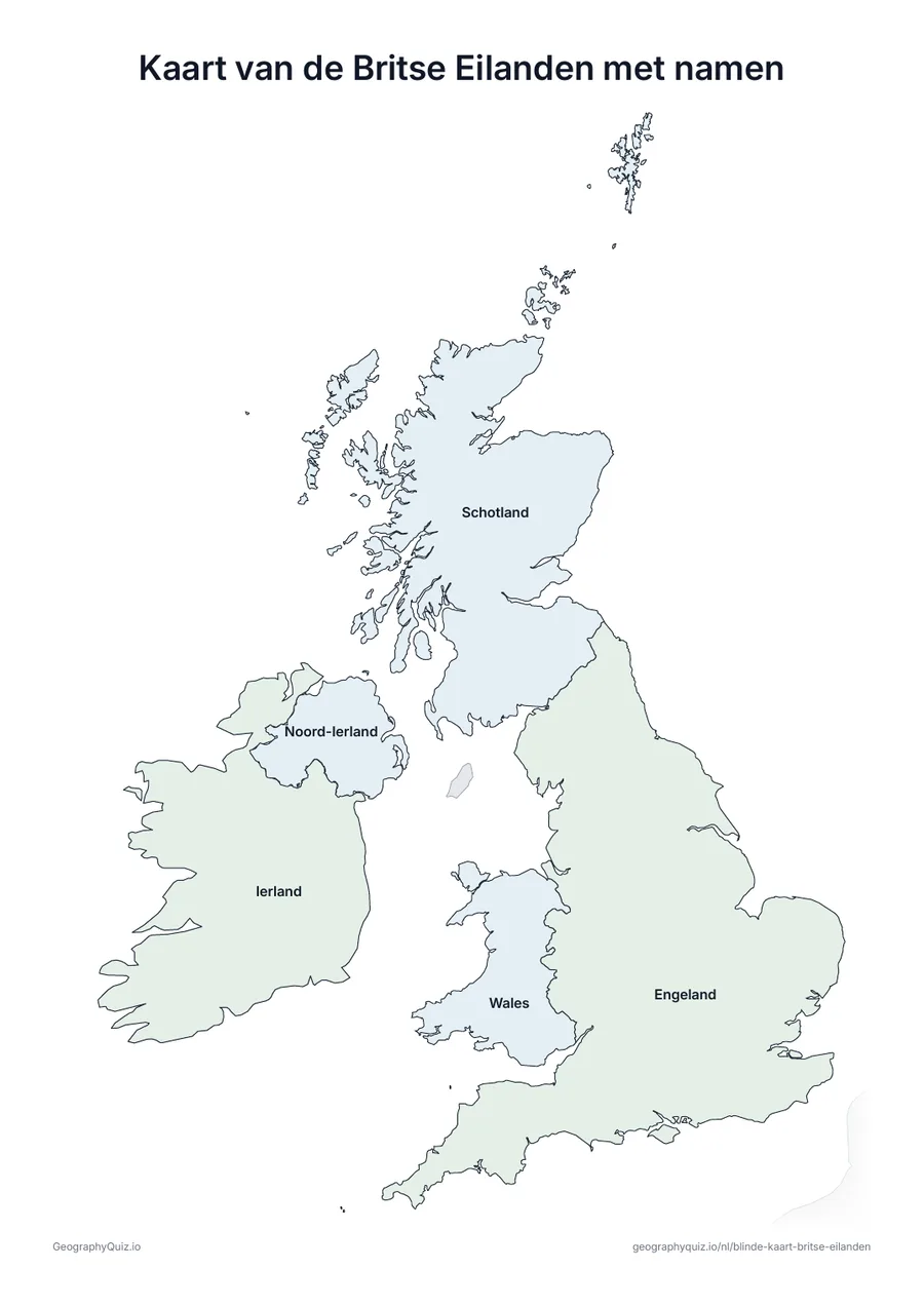 Voorbeeld van het werkblad “Kaart van de Britse Eilanden met namen”: Dezelfde kaart met de namen van alle 5 landen: om te leren, te herhalen of de werkbladen van je leerlingen na te kijken