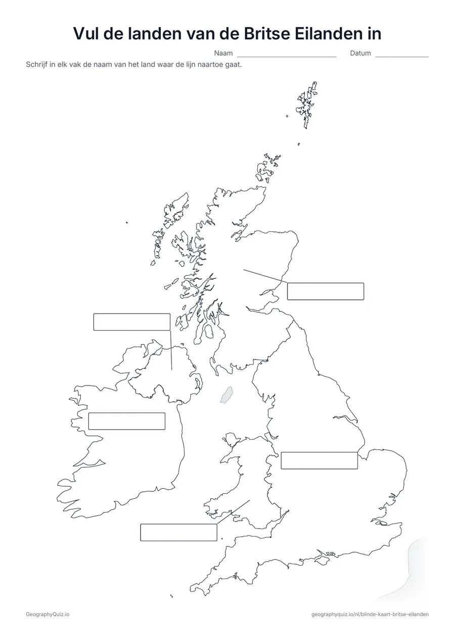 Voorbeeld van het werkblad “Vul de landen van de Britse Eilanden in”: Vanaf elk land loopt een lijn naar een leeg vak voor het antwoord, net als op het werkblad “Vul de werelddelen in” bij de wereldkaart