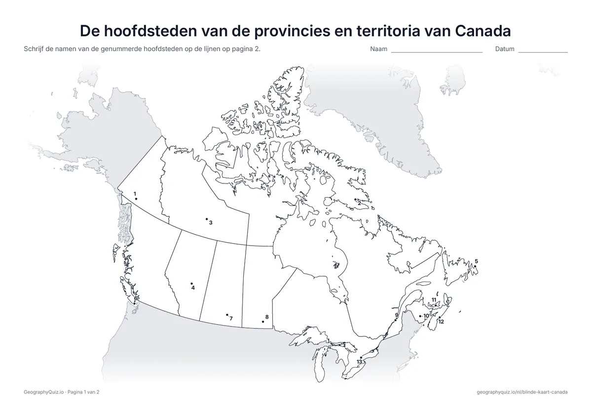 Voorbeeld van het werkblad “De hoofdsteden van de provincies en territoria van Canada”: Elke hoofdstad is een genummerde stip