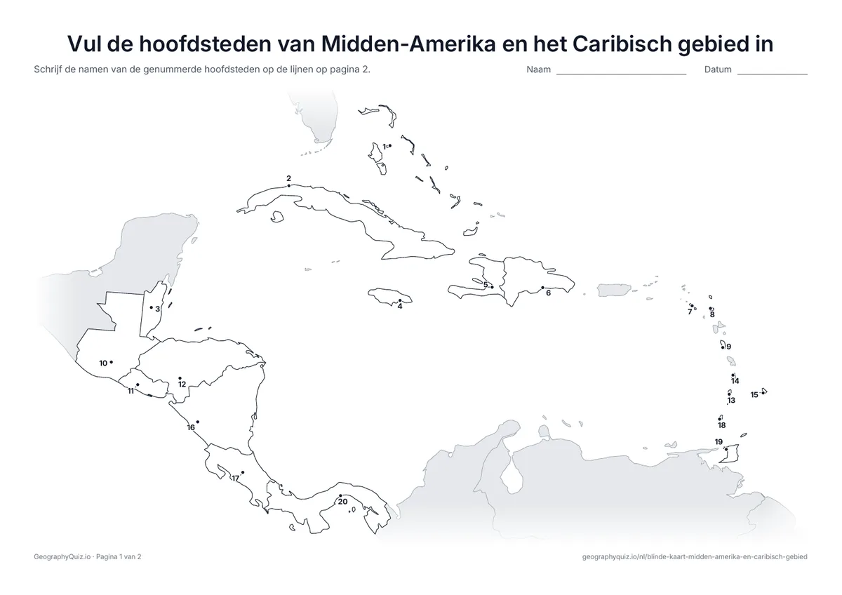 Voorbeeld van het werkblad “Vul de hoofdsteden van Midden-Amerika en het Caribisch gebied in”: Elke hoofdstad is een genummerde stip
