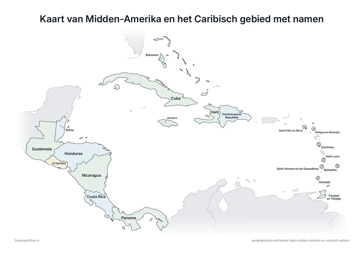 Voorbeeld van het werkblad “Kaart van Midden-Amerika en het Caribisch gebied met namen”: Dezelfde kaart met de namen van alle 20 landen: om te leren, te herhalen of de werkbladen van je leerlingen na te kijken