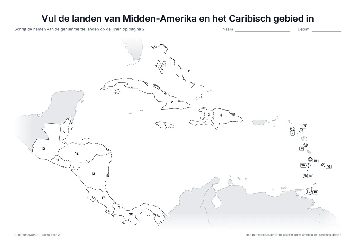 Voorbeeld van het werkblad “Vul de landen van Midden-Amerika en het Caribisch gebied in”: Kaart met de nummers van alle 20 landen