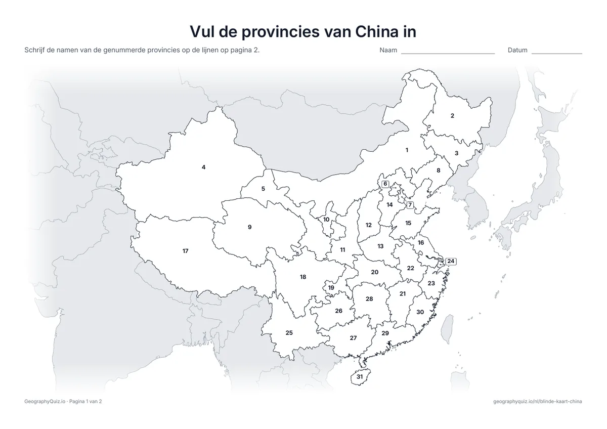 Voorbeeld van het werkblad “Vul de provincies van China in”: Kaart met de nummers van de 31 provincies, autonome regio’s en stadsprovincies