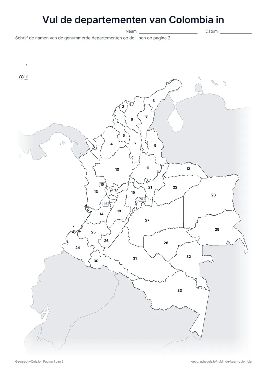 Voorbeeld van het werkblad “Vul de departementen van Colombia in”: Kaart met de nummers van de 32 departementen en Bogota