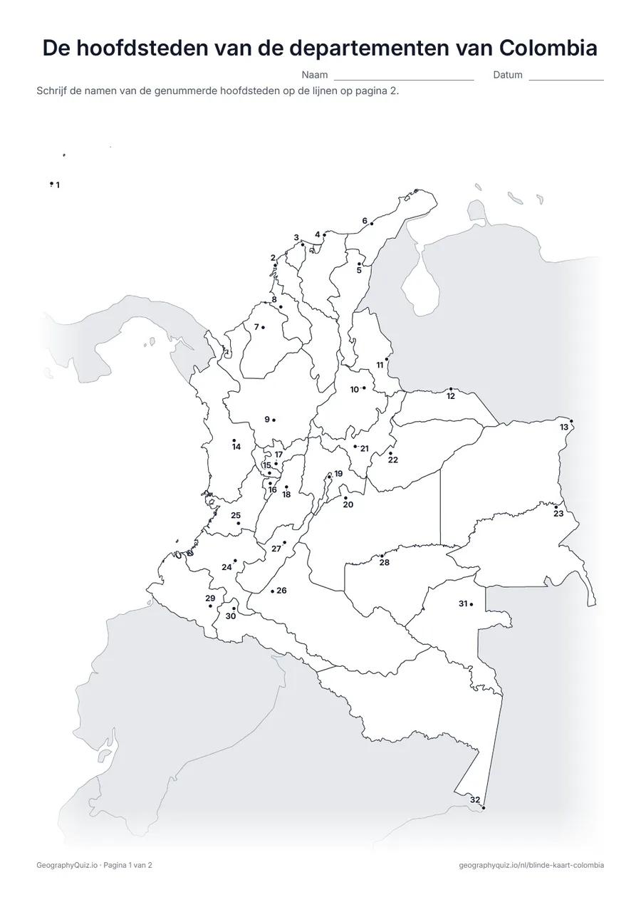 Voorbeeld van het werkblad “De hoofdsteden van de departementen van Colombia”: De hoofdstad van elk van de 32 departementen is een genummerde stip