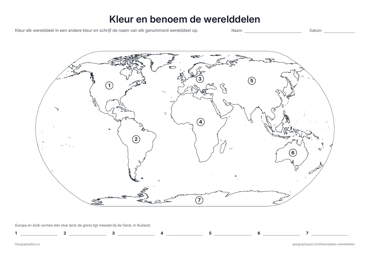 Voorbeeld van het werkblad “Kleur en benoem de werelddelen”: Elk werelddeel heeft een nummer