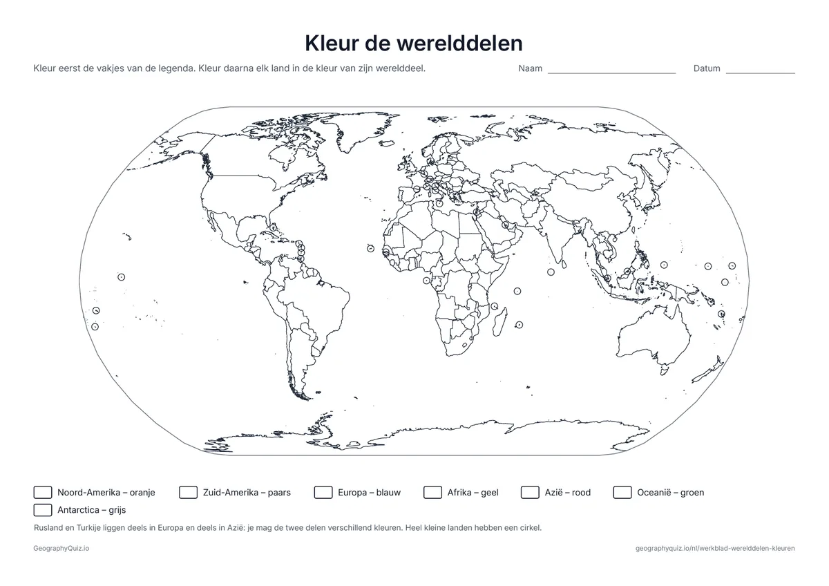 Voorbeeld van het werkblad: blinde kaart – Kleur de werelddelen