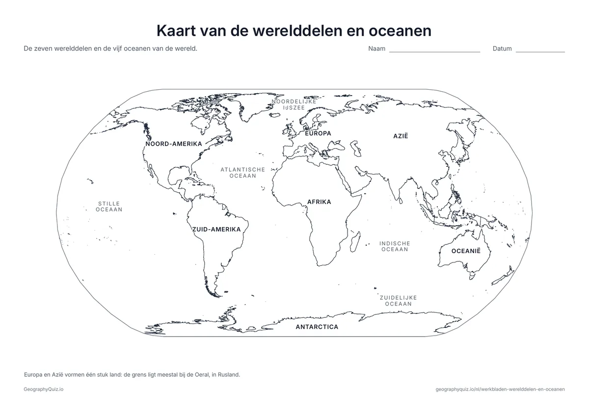 Voorbeeld van het werkblad “Kaart van de werelddelen en oceanen”: Wereldkaart met de namen van de zeven werelddelen en de vijf oceanen: een voorbeeld om te leren en na te kijken
