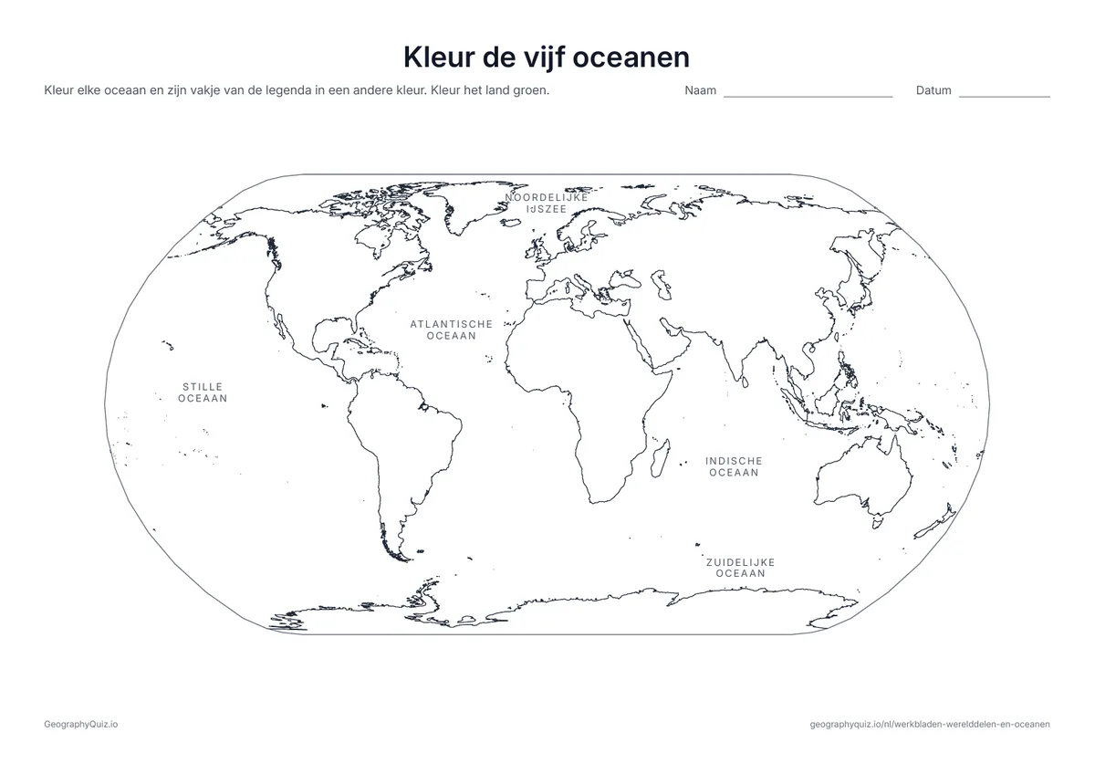 Voorbeeld van het werkblad “Kleur de vijf oceanen”: De vijf oceanen staan met naam op de kaart