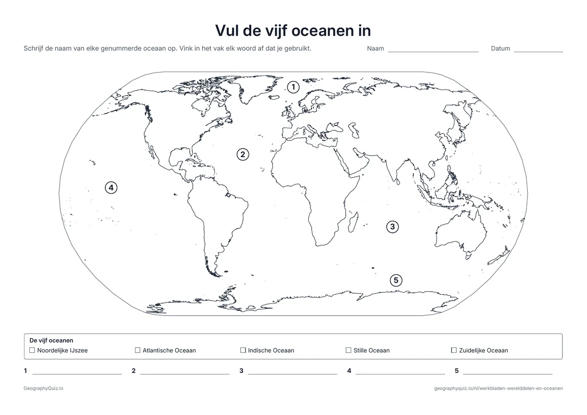 Voorbeeld van het werkblad “Vul de vijf oceanen in”: Vijf genummerde oceanen op de wereldkaart, met een woordenlijst en een lijn voor elk