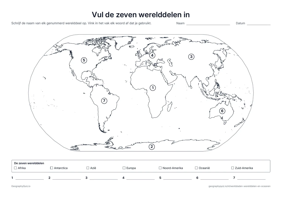 Voorbeeld van het werkblad “Vul de zeven werelddelen in”: Zeven genummerde werelddelen op de wereldkaart, met een woordenlijst en een lijn voor elk