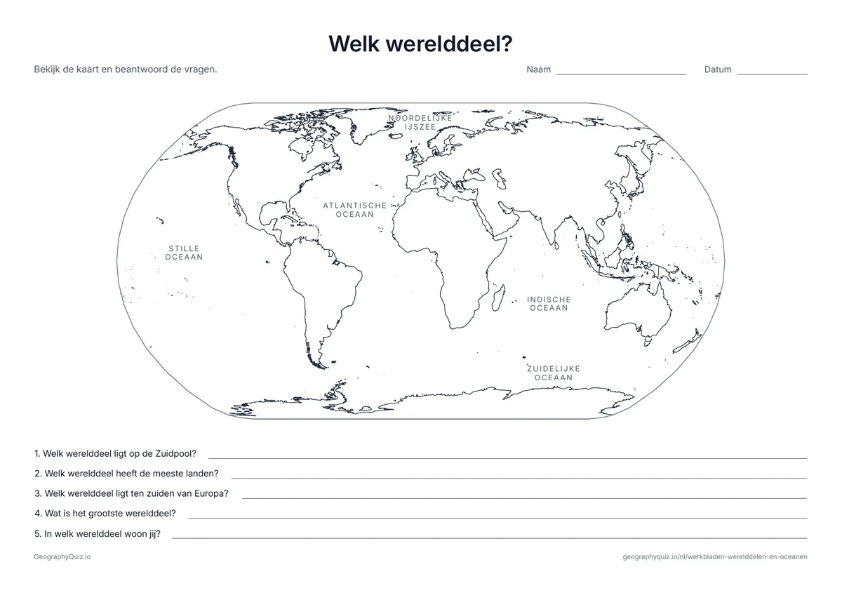 Voorbeeld van het werkblad “Welk werelddeel?”: De oceanen staan met naam op de kaart