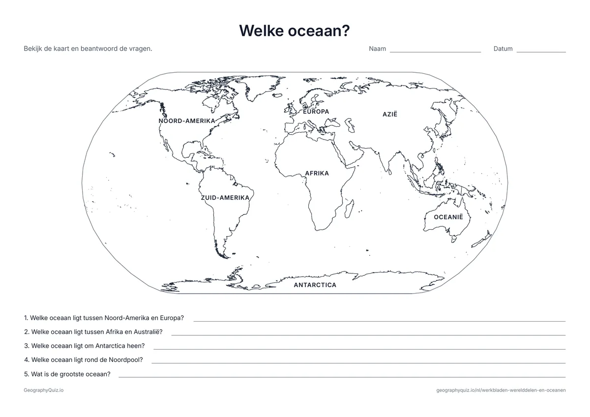 Voorbeeld van het werkblad “Welke oceaan?”: De werelddelen staan met naam op de kaart