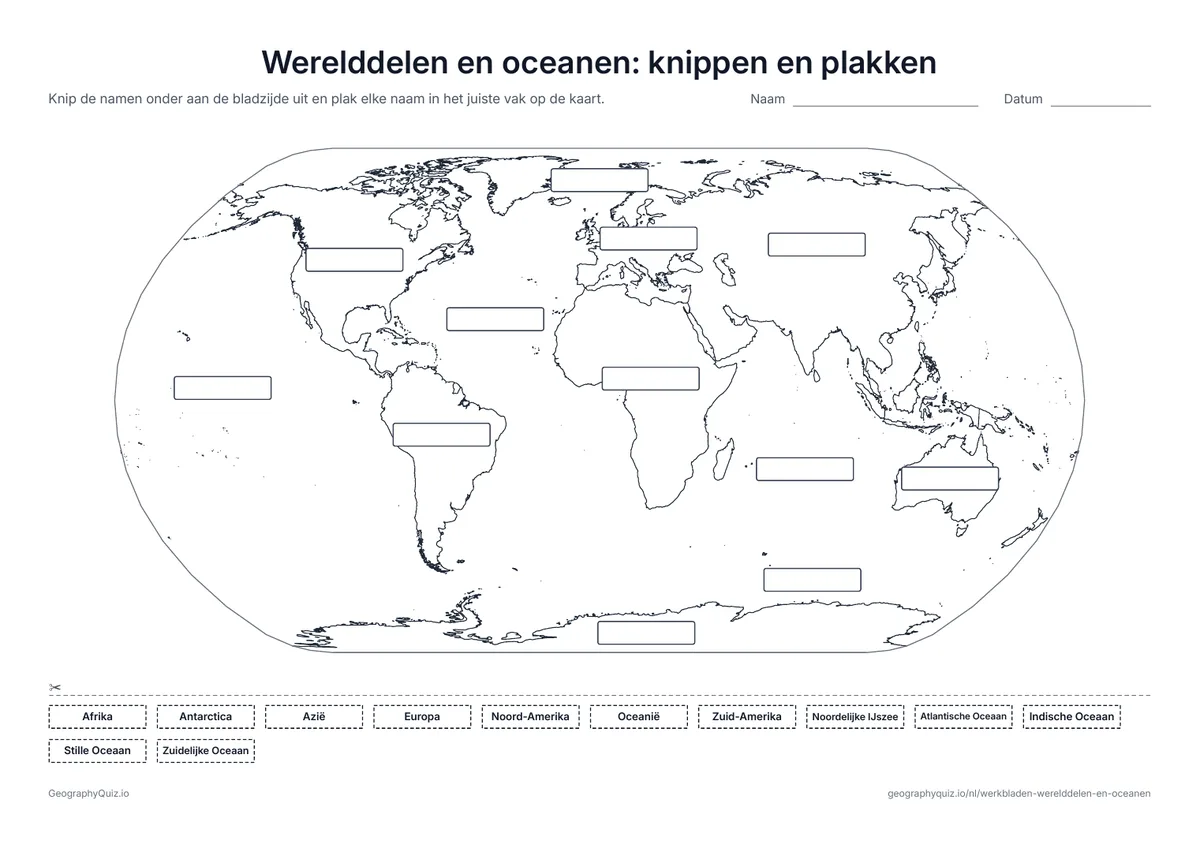 Voorbeeld van het werkblad “Werelddelen en oceanen: knippen en plakken”: Twaalf lege vakken op de kaart en twaalf namen om uit te knippen en op te plakken: een knipblad voor de jongsten