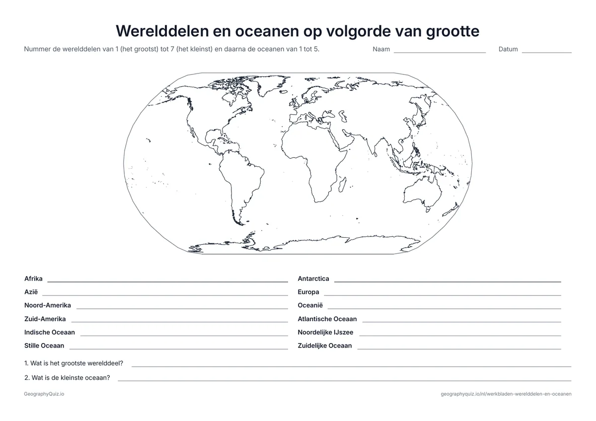 Voorbeeld van het werkblad “Werelddelen en oceanen op volgorde van grootte”: Je nummert de werelddelen van groot naar klein, en daarna de oceanen; met twee extra vragen