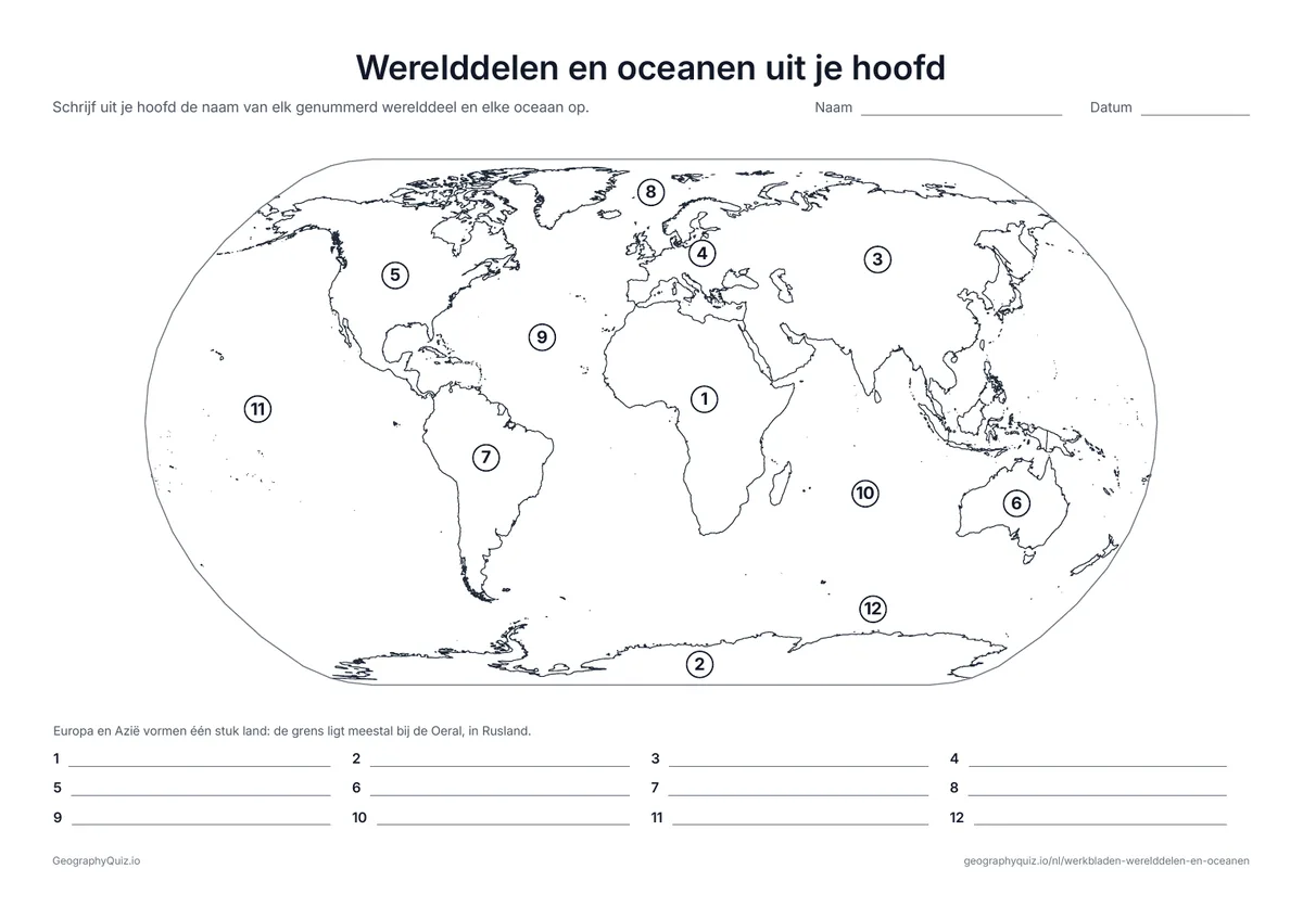 Voorbeeld van het werkblad “Werelddelen en oceanen uit je hoofd”: Dezelfde twaalf nummers zonder woordenlijst: een snelle toets van wat je nog weet