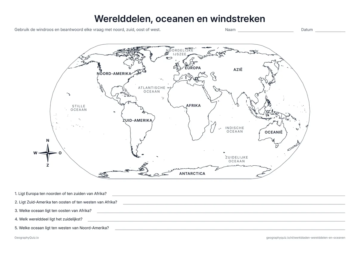 Voorbeeld van het werkblad “Werelddelen, oceanen en windstreken”: Wereldkaart met namen en een windroos