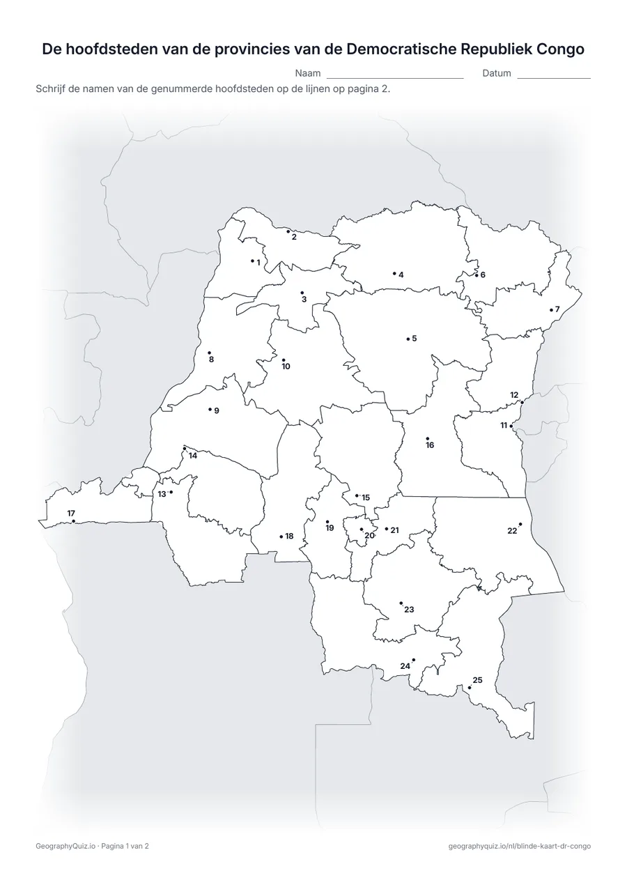 Voorbeeld van het werkblad “De hoofdsteden van de provincies van de Democratische Republiek Congo”: De hoofdstad van elk van de 25 provincies is een genummerde stip, van Matadi tot Bunia
